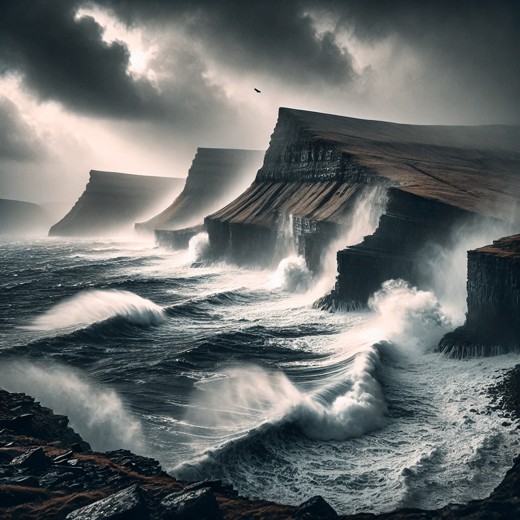 Dramatic storm on the Faroe Islands, with waves crashing against steep cliffs and dark clouds looming overhead. Image generated by AI.
