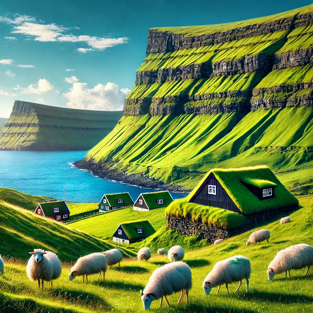 Lush green cliffs and valleys of the Faroe Islands in summer, with sheep grazing and calm blue waters reflecting the sky