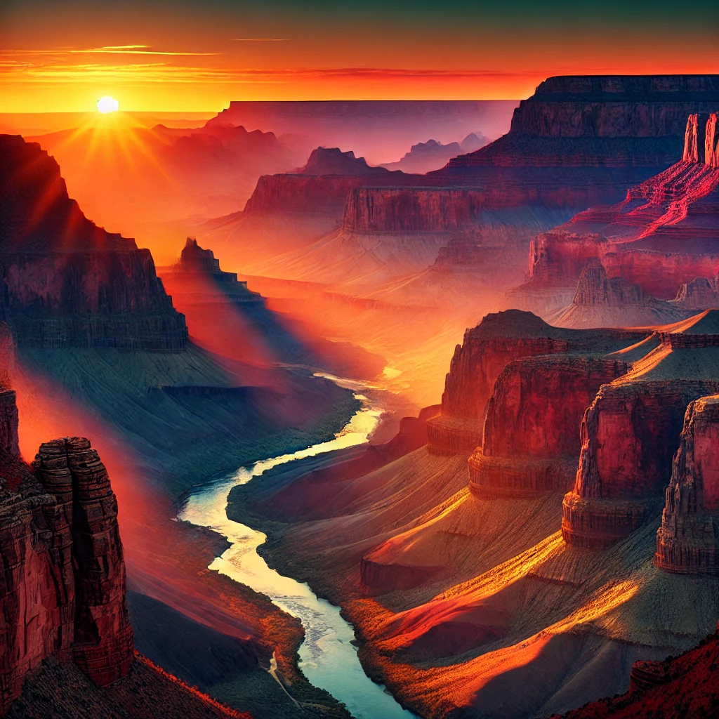Sunrise at Grand Canyon, with warm light illuminating the cliffs and a misty Colorado River below