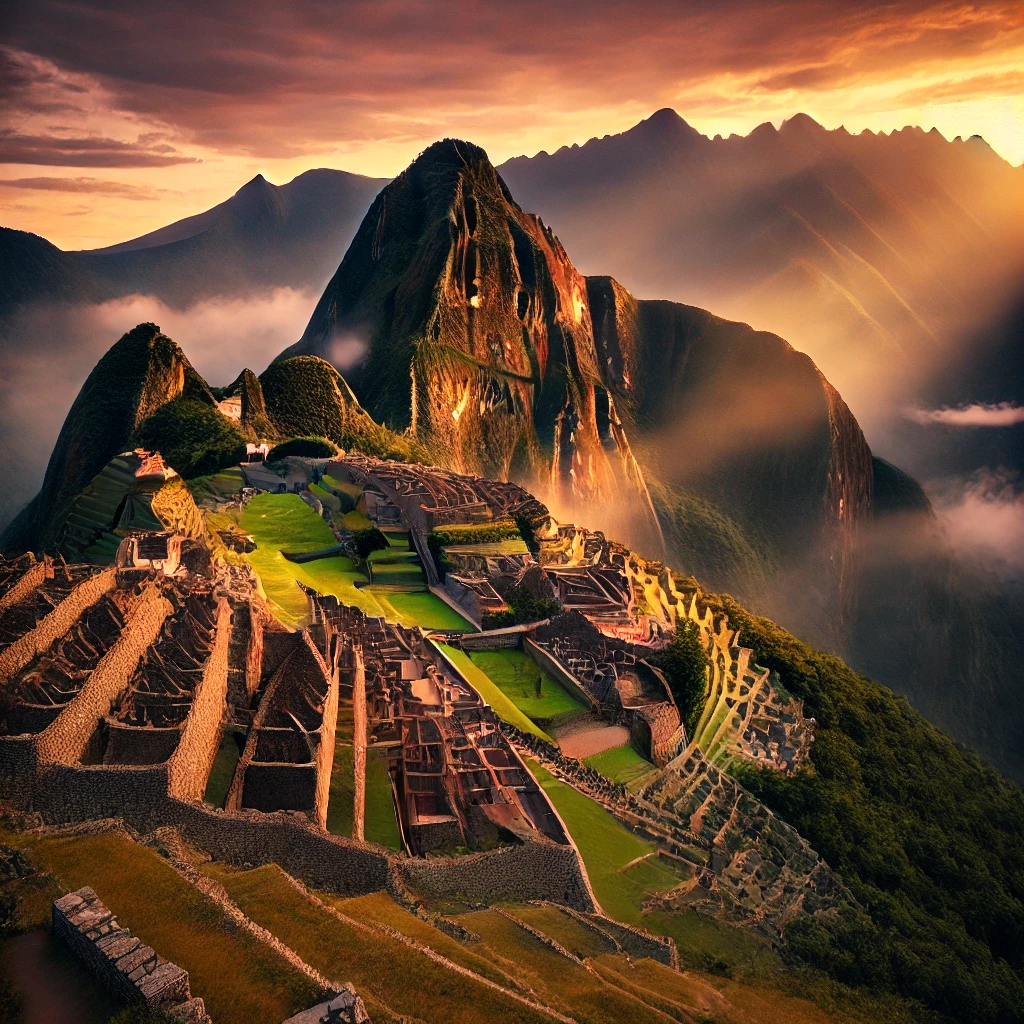 Sunrise at Machu Picchu, with golden light illuminating the ancient ruins and mist rising from the valleys below.
