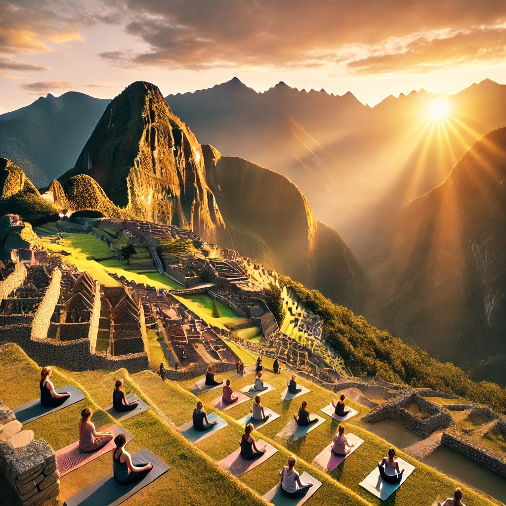 Serene sunrise yoga session at Machu Picchu, with people practicing on terraces, bathed in golden morning light. Image generated by AI.