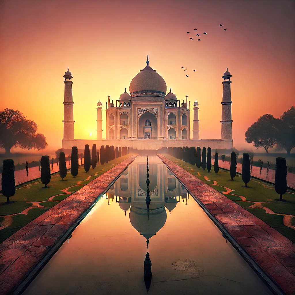 Taj Mahal at sunrise, bathed in golden light with an orange-pink sky, reflecting in the tranquil pool