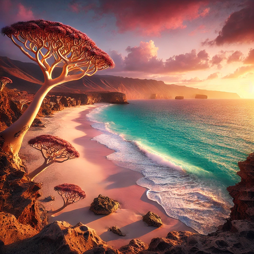 Sunrise over Socotra Island's white sand beaches and turquoise waters, with Dragon's Blood Trees on cliffs and colorful sky. Image generated by AI.