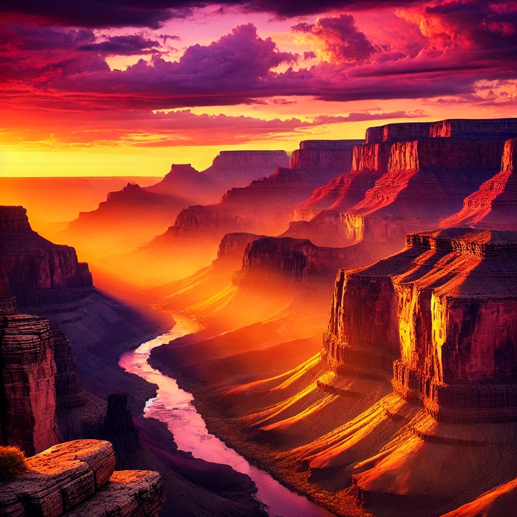 Grand Canyon at sunset, with vibrant orange and purple skies reflecting on the Colorado River. Image generated by AI.