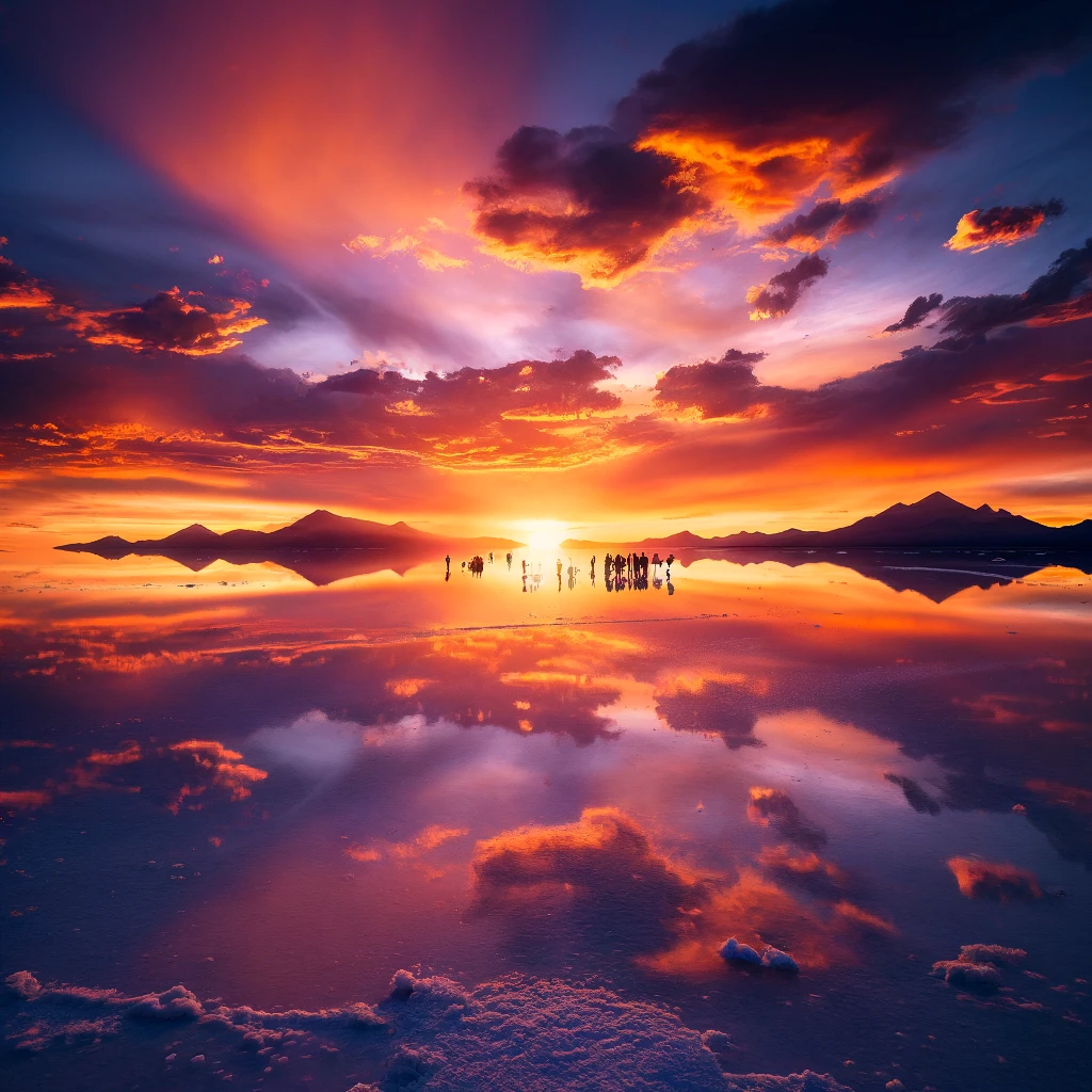 Vivid sunset over Salar de Uyuni, with the colorful sky reflecting on the salt flat and silhouetted tourists in the distance. Image generated by AI.