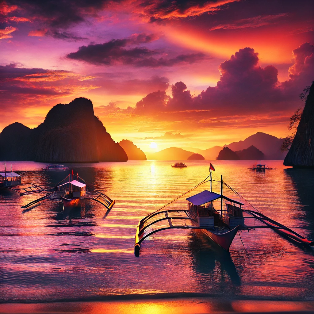 Stunning sunset on Coron Island, Palawan, with colorful skies and bangka boats silhouetted against the ocean and cliffs. Image generated by AI.