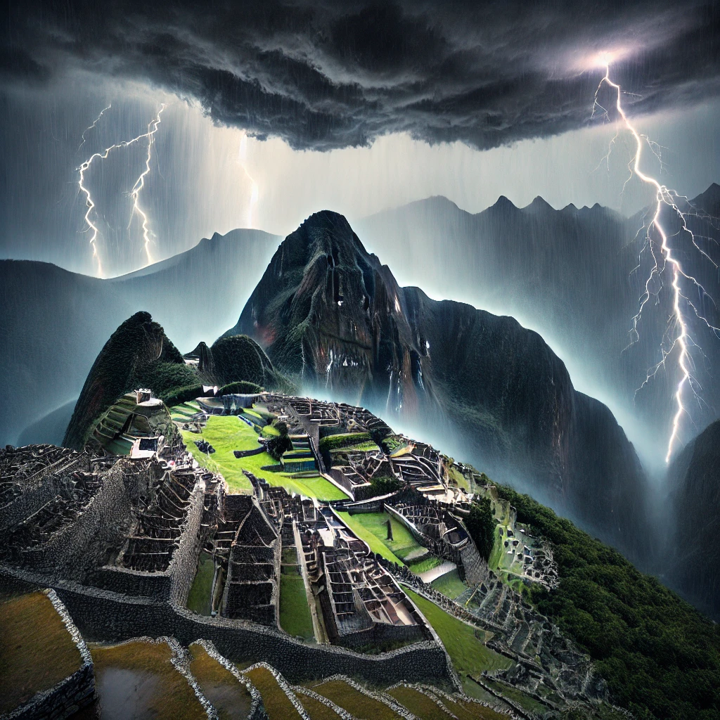 Dramatic thunderstorm at Machu Picchu, with lightning illuminating the rain-soaked ruins and dark storm clouds above. Image generated by AI.