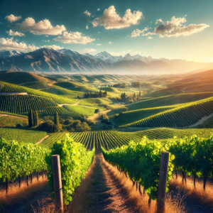 Vineyards in Argentina with the Andes mountains in the background under a clear blue sky. Image generated by AI.