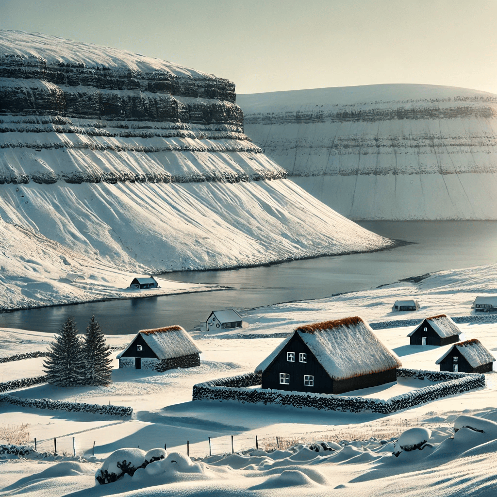 Snow-covered Faroe Islands in winter, with frozen fjords, traditional houses dusted with snow, and a pale winter sun. Image generated by AI.