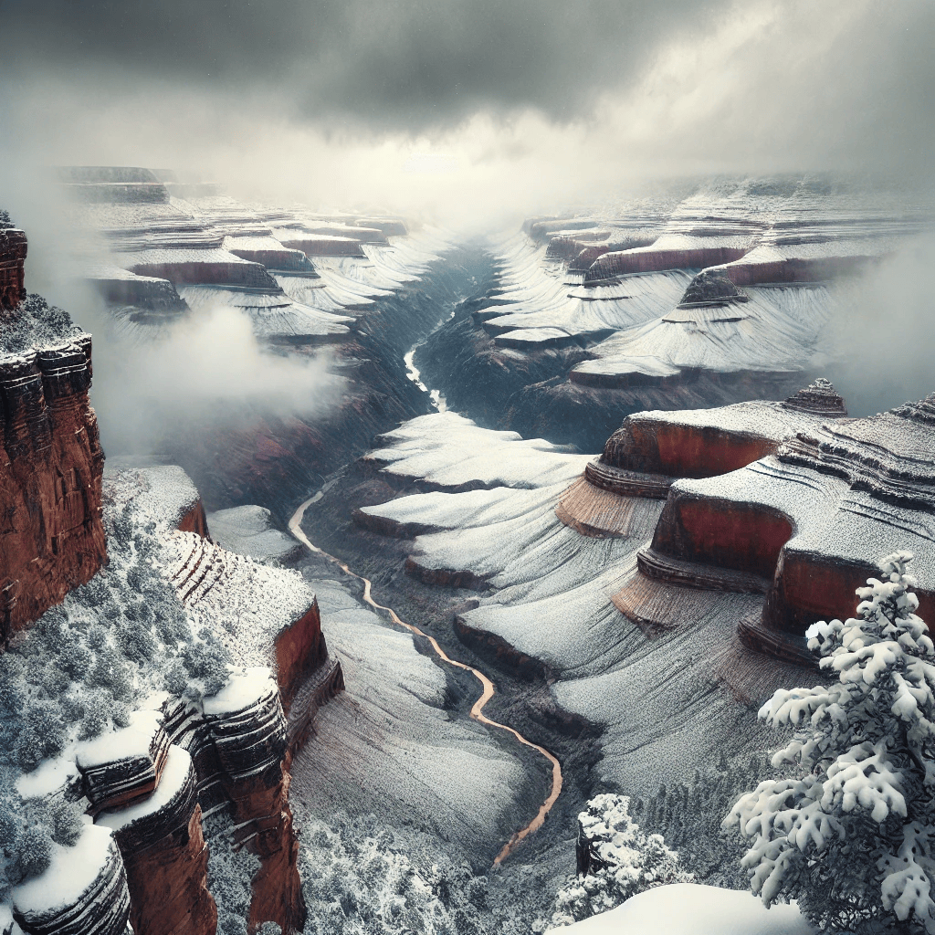 Snow-dusted Grand Canyon in winter, with red rock layers contrasting against the white snow and overcast sky. Image generated by AI.