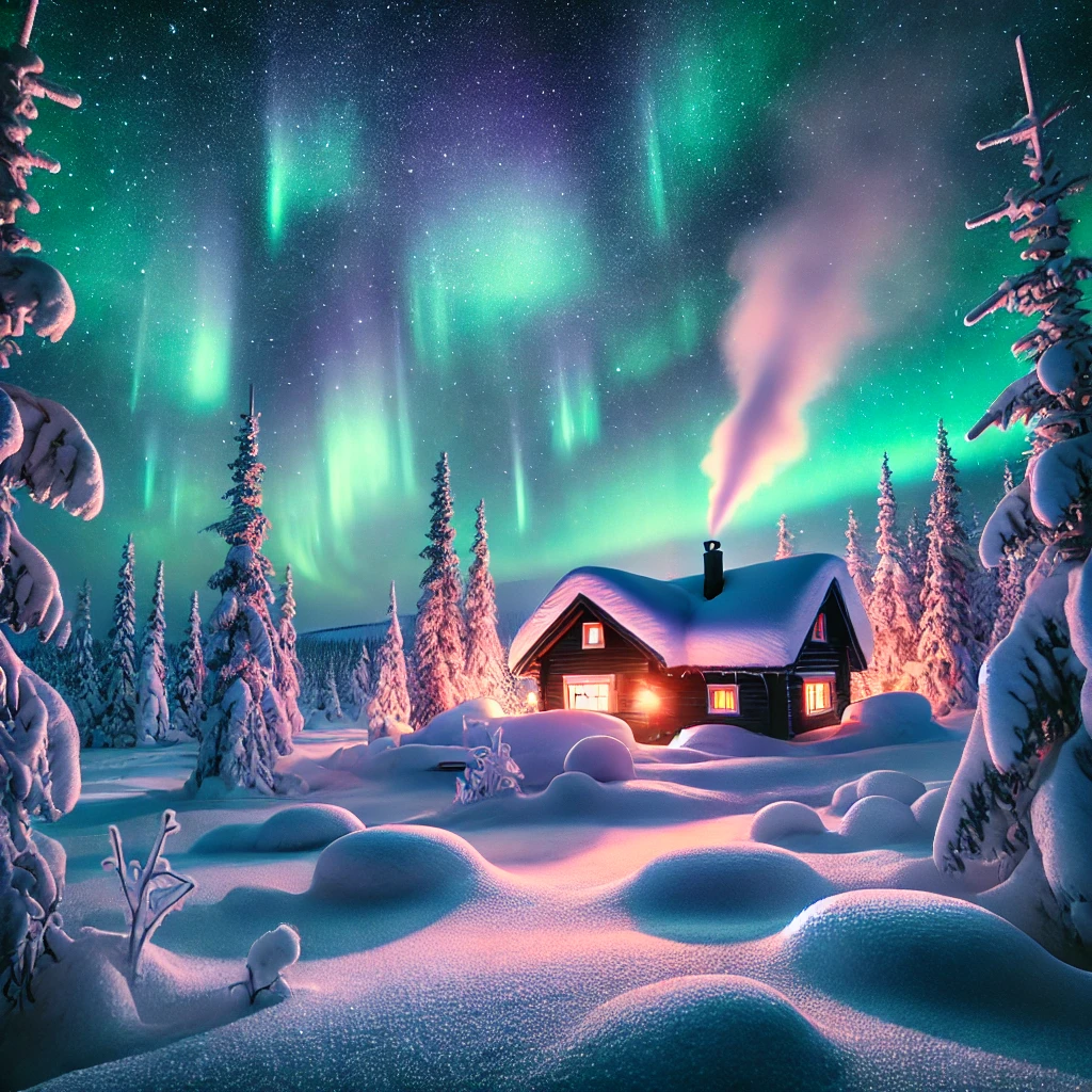 Aurora Borealis over a snowy landscape with a cozy cabin, reflecting vibrant greens and purples on the snow