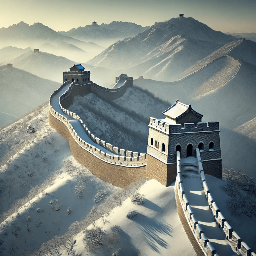 Snow-covered Great Wall of China at Jinshanling, with watchtowers standing out against a serene winter landscape. Image generated by AI.