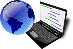 A laptop with a globe icon, representing the concept of digital nomads and global remote work opportunities